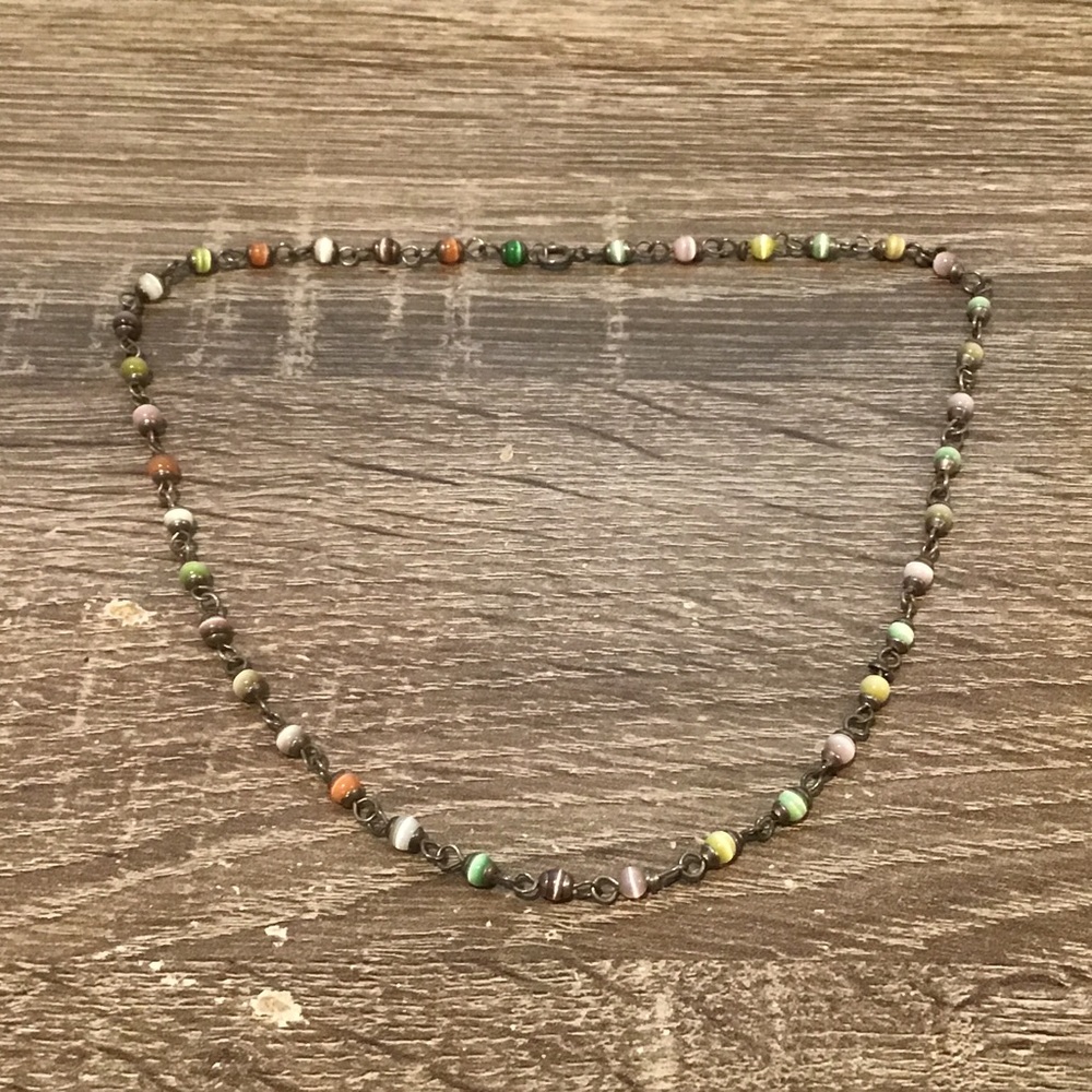 Vintage Sterling Silver & Multicolor Glass Cats Eye Beaded Chain Necklace 17" L